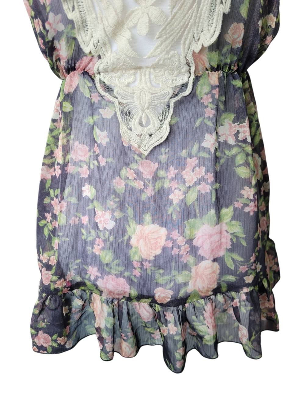 Vintage Y2K Roses Print Lace Back Sleeveless Chiffon Babydoll Top Large - Picture 6 of 16